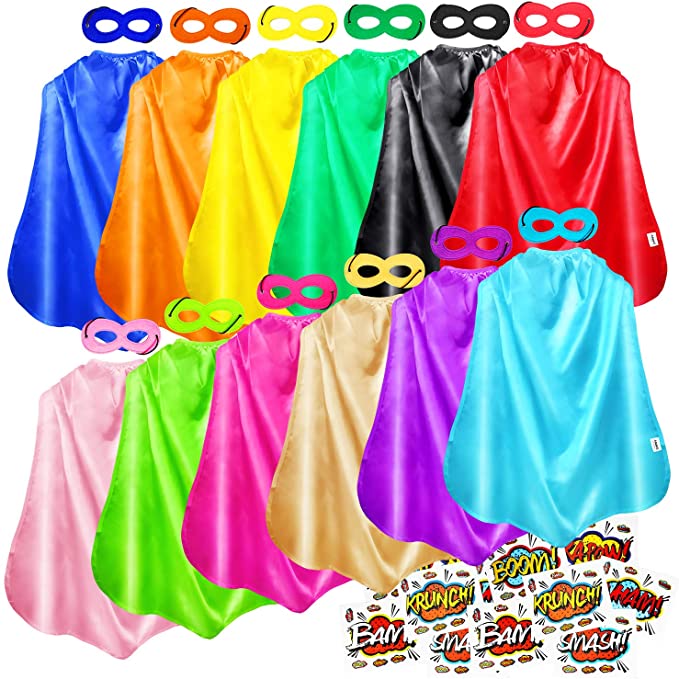 AIMIKE Superhero Capes, Bulk Pack for Kids Party, DIY Dress Up Superhero Costume, 12 Colors Sets with Superhero Stickers