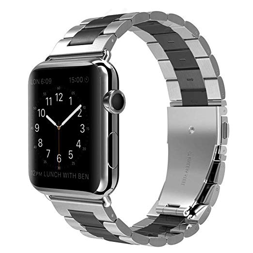 PUGO TOP Compatible with 42mm 44mm Metal Apple Watch Band Series 4 for Men Stainless Steel Iwatch iPhone Watch Link Band Series 3/2/1(42mm/44mm Silver with Black)