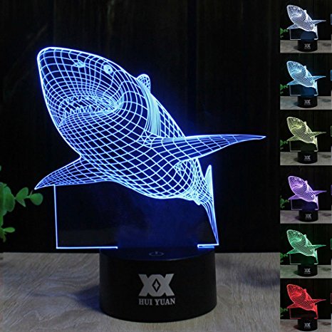 Huiyuan 3d Night Lamp Colorful Shark Shape Touch Control Light 7 Colors Change USB LED for Desk Table with Multicolored USB Powered Home Decoration Best Gift for Valentine's Day