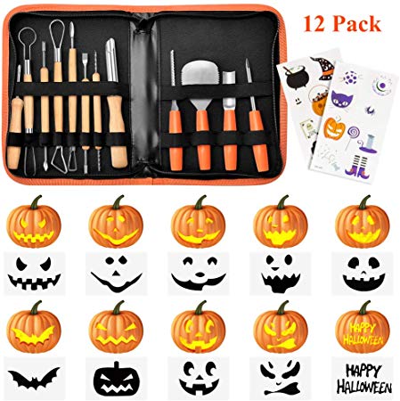 Halloween Pumpkin Carving Kit,Binken 12 PCS Pumpkin Carving Tools for Halloween Decoration,Includes Wooden Pumpkin Carving Knife, Easily Carve Jack-O-Lantern with Carrying Case