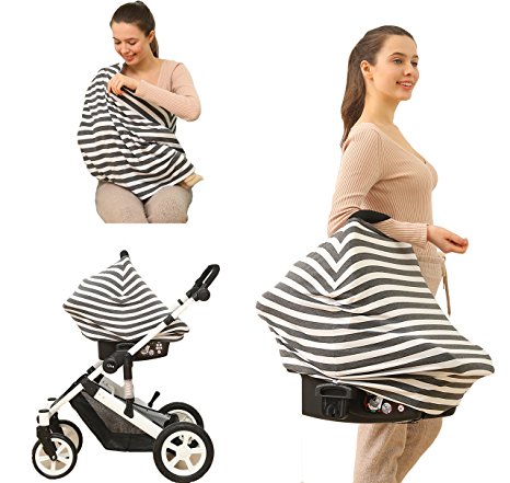 Baby Car Seat Cover canopy nursing and breastfeeding cover(dark grey and white stripe)