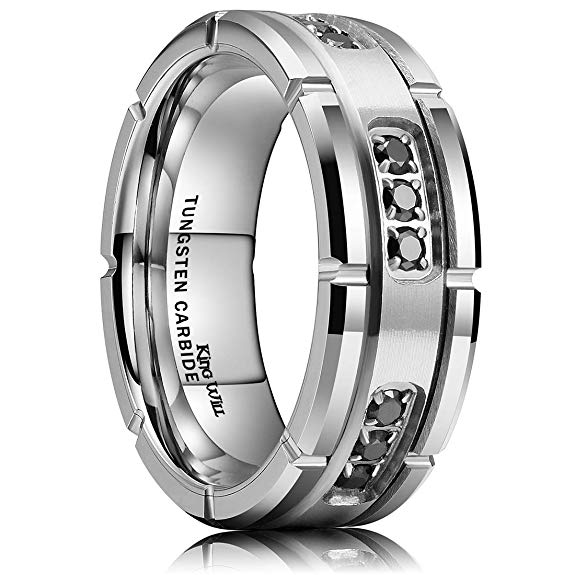 King Will GEM 8mm Mens Tungsten Carbide Wedding Ring Black Cubic Zirconia Inlaid CNC Matte Finish