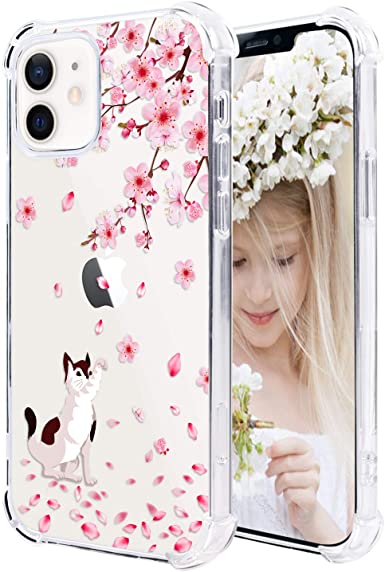 Hepix Compatible with iPhone 12 Mini Clear Flower Case Pink Floral 2020, TPU Ultra-Thin Cover Bumper Protective Anti-Scratch Camera Protection for 12 Mini 5.4 inch Cute Cherry Blossom Cat Phone Case