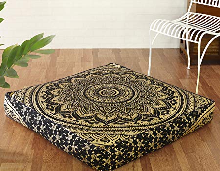 Popular Handicrafts Indian Hippie Mandala Floor Pillow Cover Square Ottoman Pouf Cover Daybed Oversized Cotton Cushion Cover with Heavy Duty Zipper Seating Ottoman Poufs Dog-Pets Bed 35" Black Gold
