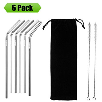 Deppon Set of 6 Stainless Steel Drinking Straws, Metal Reusable Drinking Straw Fits for 20 30 Ounce Stainless Tumblers Ramblers (6 Bent Straws, 2 Cleaning Brushes,1 Carrying Case)