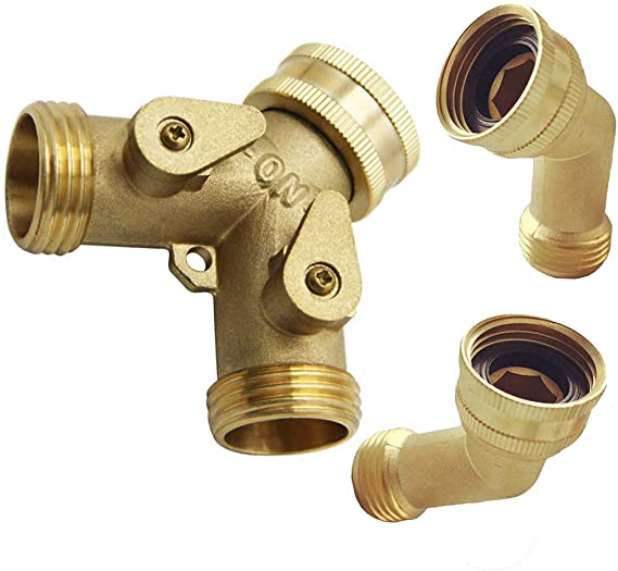 Brass 2 Way Hose Shut-Off Valve Splitter with 2Pcs Hose Elbow Connector