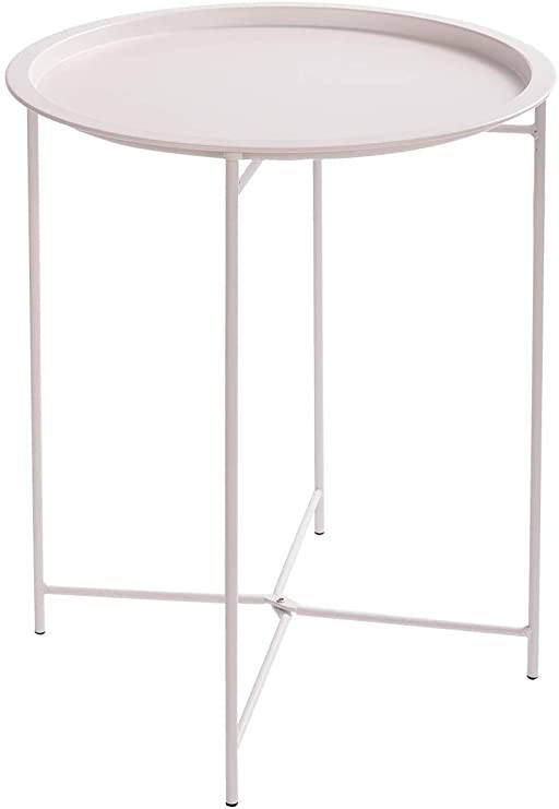 Furnius Folding Tray Metal Side Table, Sofa Table Small Round End Tables, Anti-Rust and Waterproof Outdoor or Indoor Snack Table, Accent Coffee Table,（H） 20.28" x（D） 16.38", White