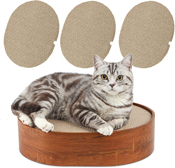 ComSaf Cat Scratcher Box, 3 Cat Scratching Pads, Oval Shape Corrugated Cardboard Scratcher, Reversible Cat Scratch Couch Bed for Indoor Cats Kitten, Protecting Furniture (Wood-Grain)