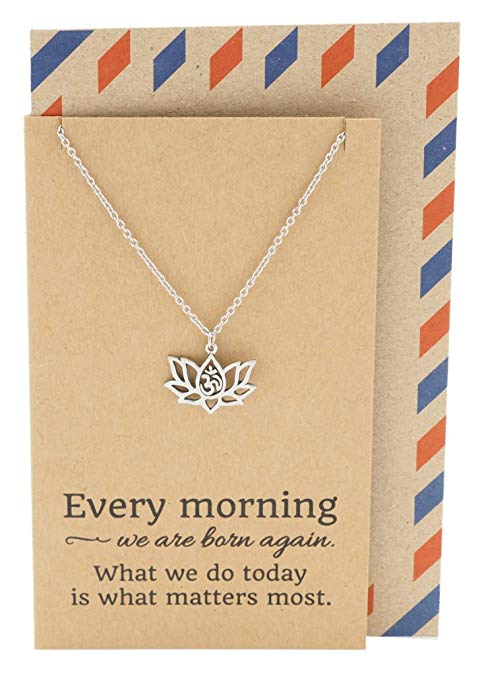 Quan Jewelry Yoga Lotus Flower Necklace with Om Symbol, Happy Birthday Gifts Ideas for Mom, Daughter, Women with Inspirational Quote on Gift Card