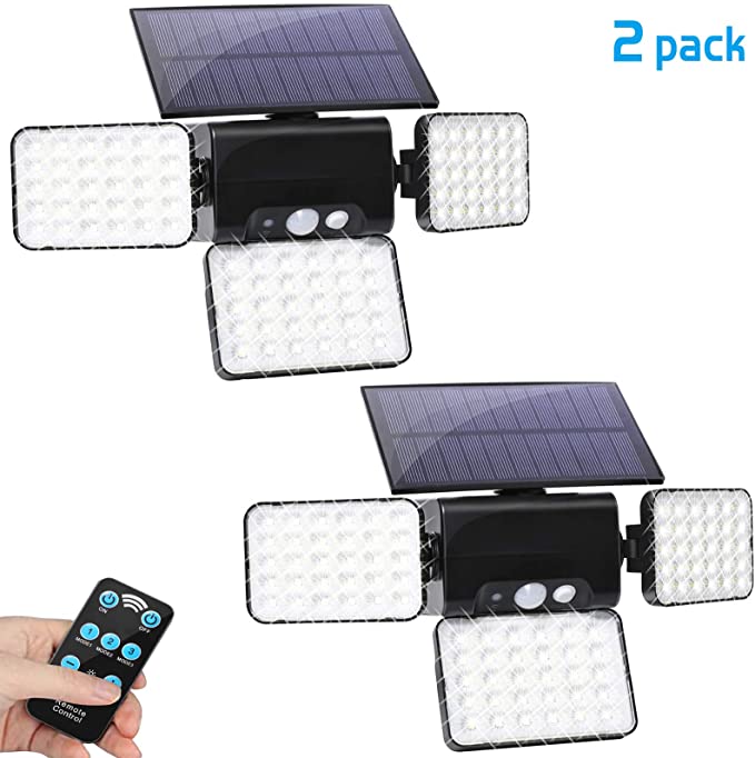 Solar Lights Outdoor, AMORNO 3 Heads Adjustable Motion Sensor 90 LEDs Solar Powered Security Flood Lights 360 Degree Rotatable with Remote Control for Patio Yard Porch Garden Garage Pathway