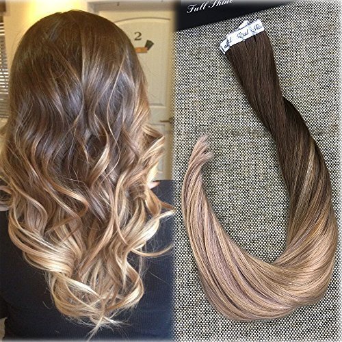 Full Shine 20 inch 100% Human Hair Tape in Extensions Tape in Remy Human Hair Extensions Dip Dye Ombre Color #4 Fading to #18 and #27 Honey Blonde 50g 20Pcs