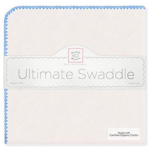 SwaddleDesigns Organic Ultimate Receiving Blanket, Natural with Color Trim, Bright Blue