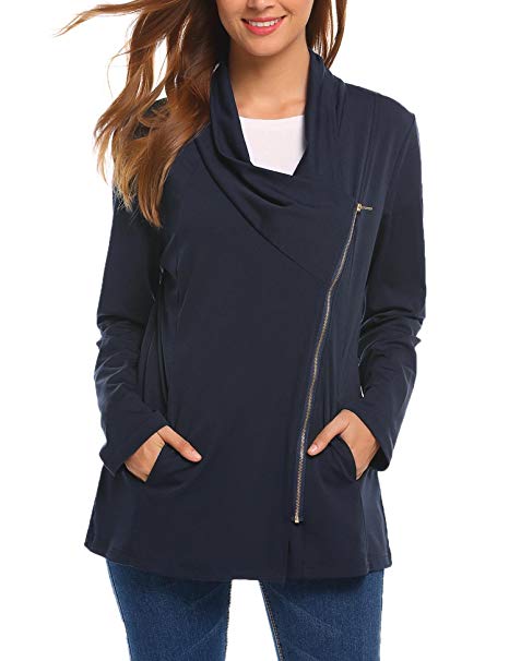 SummerRio Women's Long Sleeve Cowl Neck Warm Oblique Zipper Coat with Pockets
