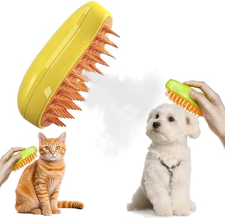 Steamy Cat Brush - 3 In1 Cat Steamy Brush, Cat Grooming Supplies For Massage, Self Cleaning Steam Brush For Dogs, Cat Brush For Shedding Loose Hair(A-Yellow)