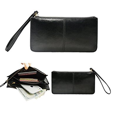 Belfen Soft Leather Smartphone Zipper Wallet with Wristlet - Black