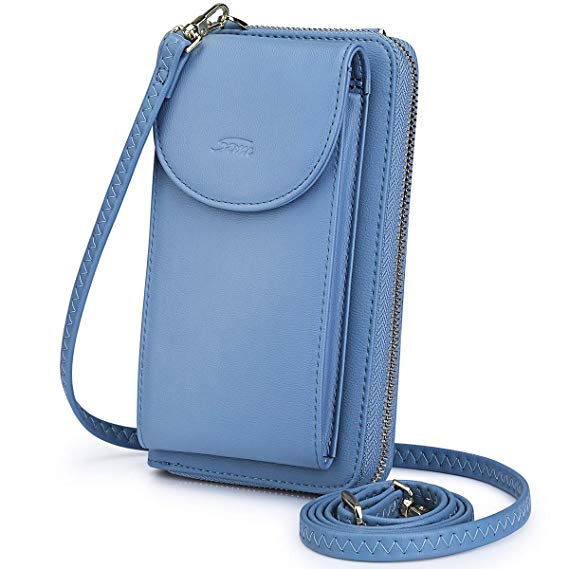 S-ZONE PU Leather RFID Blocking Cellphone Wallet Clutch Purse Zippered Crossbody Bag Phone Pouch (Blue)