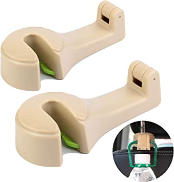 Universal Multifunctional Car Vehicle Back Seat Headrest Mobile Phone Holder Hanger Holder Hook for Bag Purse Cloth Grocery (Beige Set of 2)