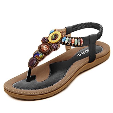 Zicac Women's Summer Rhinestone Bead Bohemia Folk Round Dunlop Clip Toe Sandals Boho Beach Flip Flops Flat Elastic T-Strap Post Thong Sandals Shoes