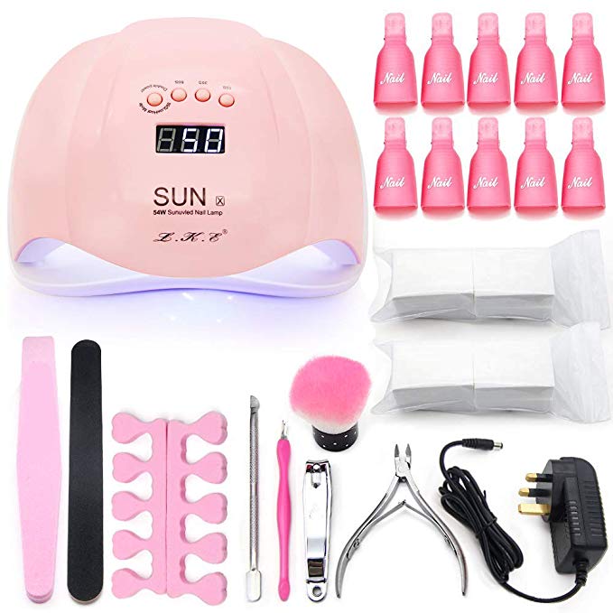 54W Pink LED UV Nail Lamp,Nail Lamp for Gel Nail Curing Dryer with LCD Display 10/30/60/99s Timer Automatic Sensor Manicure Tools 10 Pcs Sets