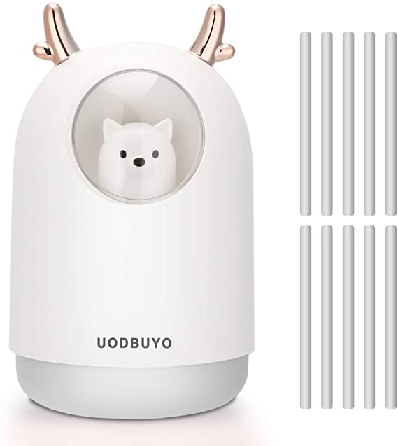 UODBUYO Portable Cool Mist Humidifier - 300ml USB Mini Air Humidifier with 10 Pcs Humidifier Sticks, 7 Color Night Light Room Humidifier for Bedroom Office Desk,Car,Travel (White)