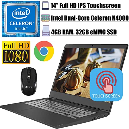 2020 Premium Chromebook Lenovo S340-14 Laptop Computer 14 inch FHD IPS Touchscreen Intel Celeron Processor N Series 4GB DDR4 32GB eMMC USB-C Webcam WiFi Chrome OS   iCarp Wireless Mouse