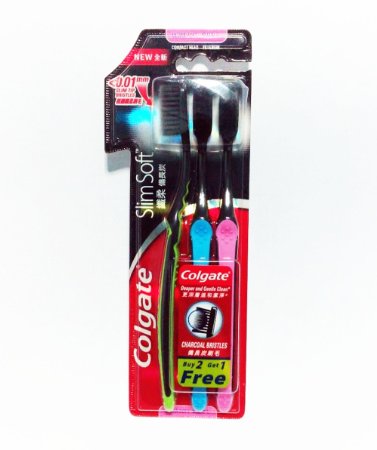 Colgate Slim Soft Charcoal Toothbrush Ultra Soft & Fine Bristles 0.01mm, Pack of 3