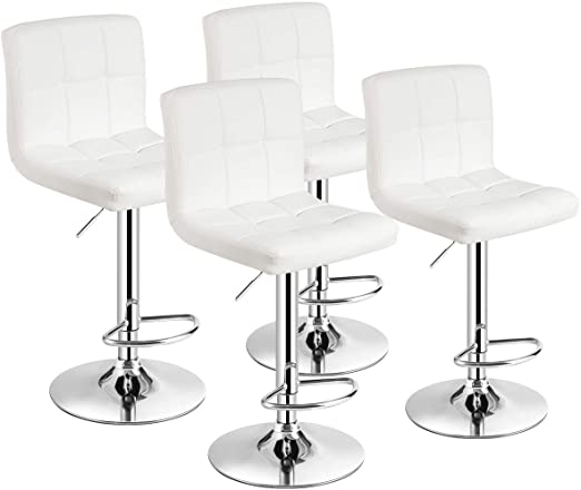 COSTWAY Bar Stool, Comfortable Adjustable PU Leather Bar Chair with Backrest, 360° Swivel, Soft Cushioned Seat, Barstools for Kitchen, Pub (White, Set of 4)