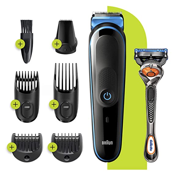 Braun All-in-one trimmer MGK3245, 7-in-1 Beard Trimmer, Hair Clipper, Detail Trimmer, Rechargeable, with Gillette ProGlide Razor, Black/Blue