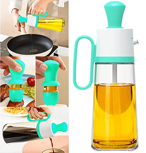 Glass Olive Oil Dispenser Bottle 19 oz With Silicone Brush 2 In 1, Silicone Dropper Measuring Oil Dispenser Bottle for Kitchen Cooking, Frying, Baking, BBQ Pancake, Air Fryer, Marinating(Green)