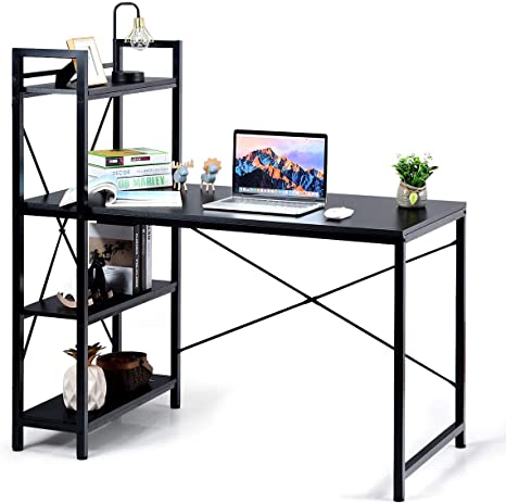 Tangkula 47.5 inches Computer Desk, Study Writing Table with 4 Tier Storage Bookshelves, Multipurpose Home Office Workstation, Modern Tower PC Table with Strong X Frame & Adjustabe Feet Pad (Black)