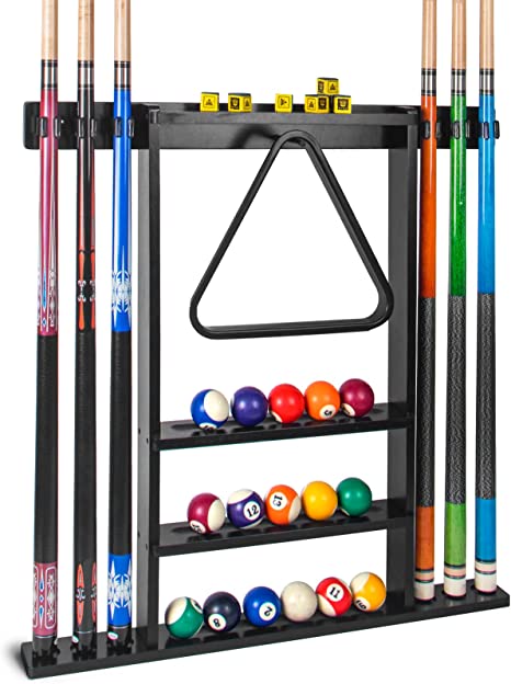 Pool Stick Holder, Wall Mount Pool Cue Rack ,Solid Wood Floor Stand for billiard cue sticks,Holds 6 Pool Cues & a Full Set of Balls,Professional Pool Table Accessories for Billiard Room or Club