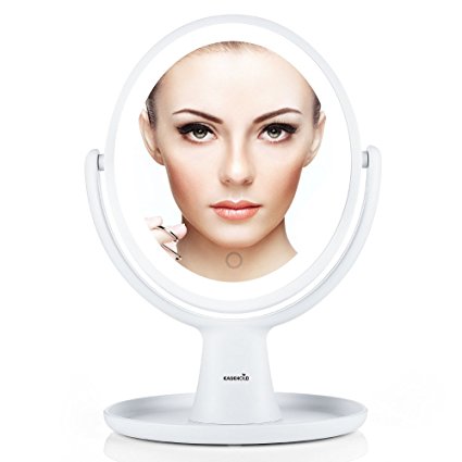 Easehold Double Side 1X/ 5X Magnifying Led Lighted Vanity Mirror Makeup Countertop Bathroom Use Free Rotation with Large Base Recess for Jewelry Cosmetics Storage(White )