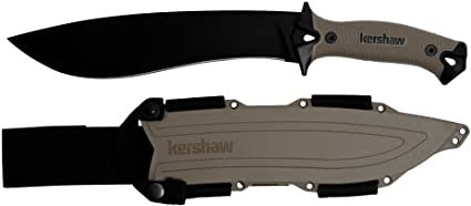 Kershaw Camp 10 – Tan Machete (1077TAN); Black Powdercoated 65 Mn Stainless Steel Fixed Blade; Full Tang Build; Tan Rubber Overmold Handle; Tan Molded Sheath with Lash Points and Nylon Straps; 1.8 oz.