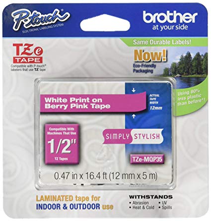 Brother Genuine P-touch Tze-MQP35 Label Tape 1/2" (0.47") Standard Laminated P-touch Tape, White on Berry Pink, Laminated for Indoor or Outdoor Use, Water Resistant, 16.4 Feet (5M), Single-Pack (TZeMQP35)