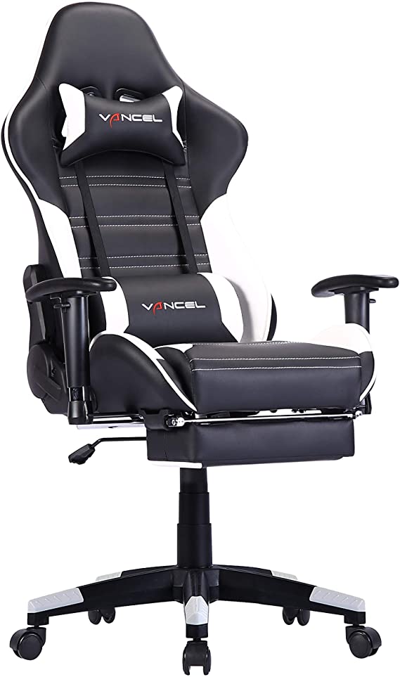 Gaming Chair Racing Chair Office Computer Chair High Back Ergonomic Swivel with Headrest and Lumbar Support, Footrest (Black)