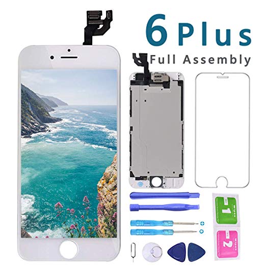 Screen Replacement for iPhone 6 Plus White 5.5 inch LCD Display Touch Digitizer Full Assembly Repair Kit, with Proximity Sensor, Earpiece, Front Camera, Screen Protector, Repair Tools Set