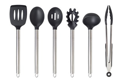 Silicone & Stainless Steel Kitchen Utensils by La Fête. Premium Heat Resistant 6 piece cooking tools including Spatula, 12" Tongs, Spoon, Slotted Spoon, Ladle and Pasta Server.