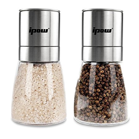 Ipow® Brushed Stainless Steel Salt Mill and Pepper Grinder Set With Glass Bottle