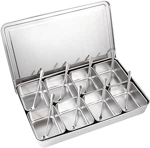 Fdit Caja de condimentos de plata 8 rejillas Caja de condimentos de acero inoxidable Contenedores de almacenamiento de condimentos Tarro de especias Utensilios de cocina