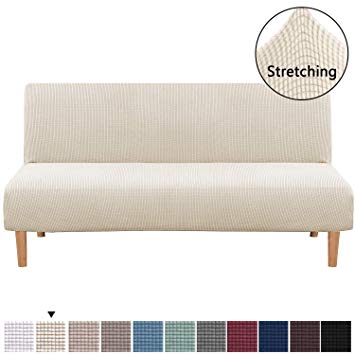 H.VERSAILTEX Armless Futon Cover Stretch Sofa Bed Slipcover Protector Elastic Feature Rich Textured Lycra High Spandex Small Checks Jacquard Fabric Sofa Shield Futon Cover, Machine Washable, Natural