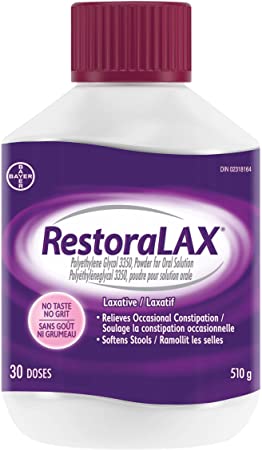 RestoraLAX Powder Laxative, Effective Relief, No Taste, No Grit, No Gas, No Bloating, No Cramps, No Sudden Urge, 30 Doses, 510 Grams