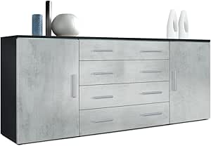 Vladon Sideboard Faro V2, Made in Germany, Kommode mit 2 Türen und 4 Schubladen, Schwarz matt/Beton Oxid Optik (166 x 72 x 35 cm)