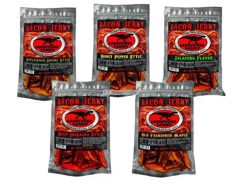 Carnivore Candy Bacon Jerky 5 Flavor Sampler Pack (5 x 2oz Bags): Sriracha, Maple, Applewood Smoke, Honey Pepper & Jalapeño