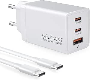 Caricatore USB C 67W, GOLDNEXT GaN Ⅲ Caricatore PD 3.0 PPS Caricabatterie Alimentatore USB con Cavo Type-C 100W per MacBook Air/Pro, Phone 15 Pro Max/14/13, iPad, Galaxy S23 Ultra/S22, Pixel 8