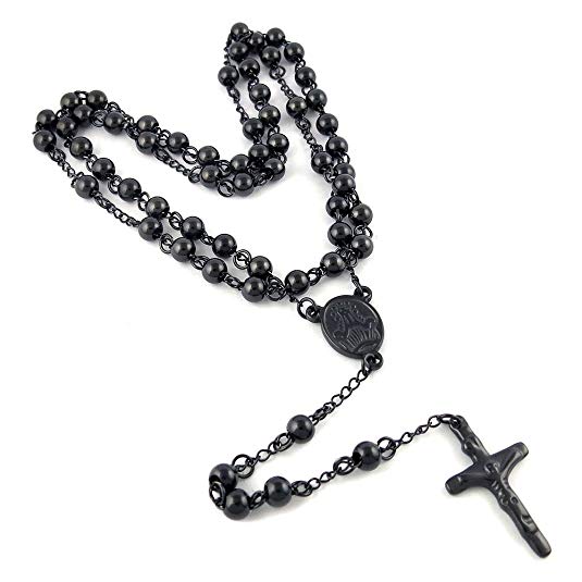 Yeidid International Catholic Stainless Steel Beads Rosary Necklace Crucifix Cross Medal 6mm Black