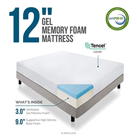 LUCID 12 Inch Gel Infused Memory Foam Mattress - Medium Firm Feel - CertiPUR-US Certified - 10 Year warranty - Twin with LUCID Encasement Mattress Protector - Twin