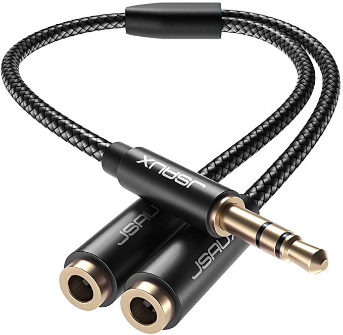 JSAUX Headphone Splitter, Audio Splitter 3.5mm Male TRS to 2 Dual 3.5mm Female Adapter Nylon-Braided Stereo Y Aux Cable Splitter for iPhone, Samsung, Tablets, Laptop, Playstation and More [Black]