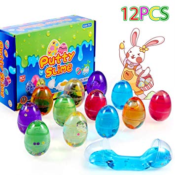 ThinkMax 12 PCs Easter Fluffy Slime Clear Colorful Putty, Stress Relief Toys for Kids, Easter Basket Stuffers, Great Family Games