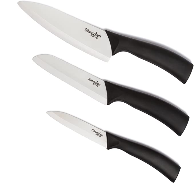 Shenzhen Knives Kitchen 3-piece ceramic knife set includes ceramic knives (6.5" Chef's knife, 5" Slicing/Utility knife & 4" Paring knife)