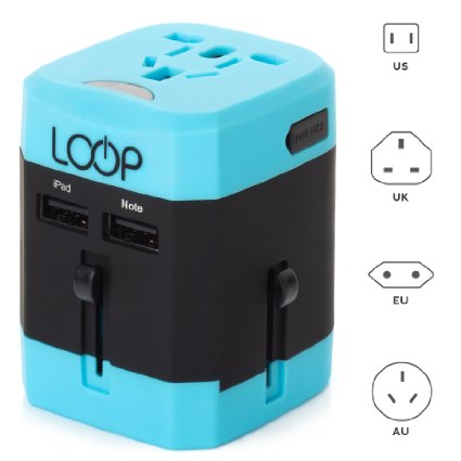 LOOP BEST World Travel Adapter with Dual USB Charger 25A International US UK EU AU All-In-One Universal AC Fused Wall Plug Blue